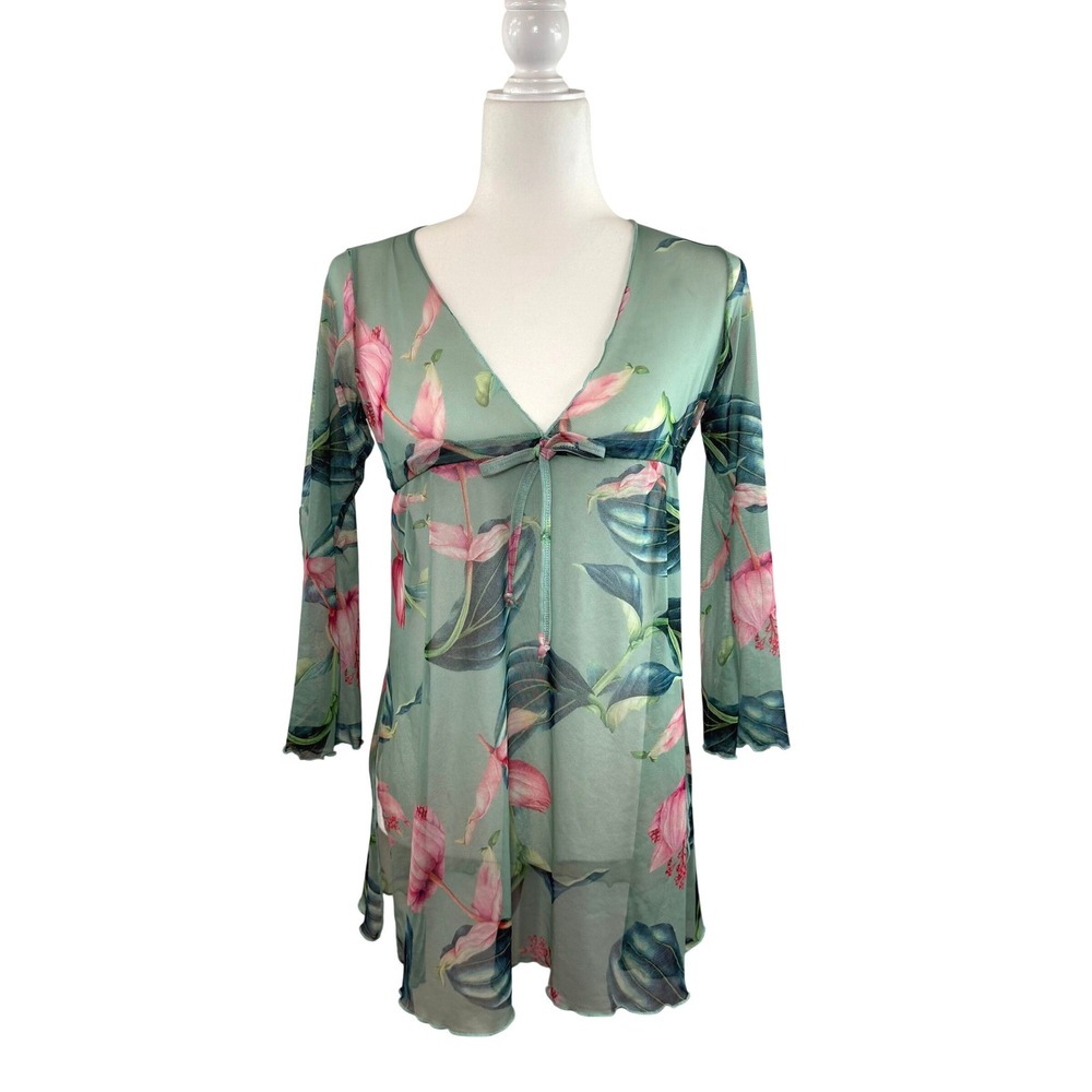 Ja'al Kaana'ab Mesh Floral Mini Dress Tunic Bell Sleeves Y2K Sheer Tropical M